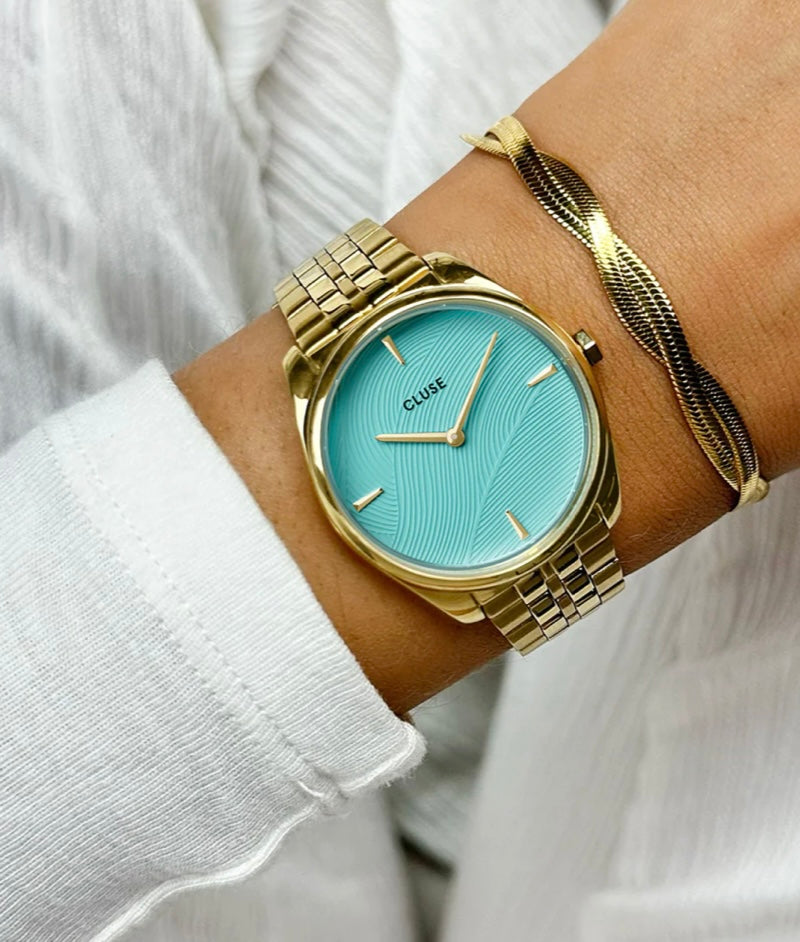 Féroce petite watch steel, Leaf texture pool blue, Gold colour