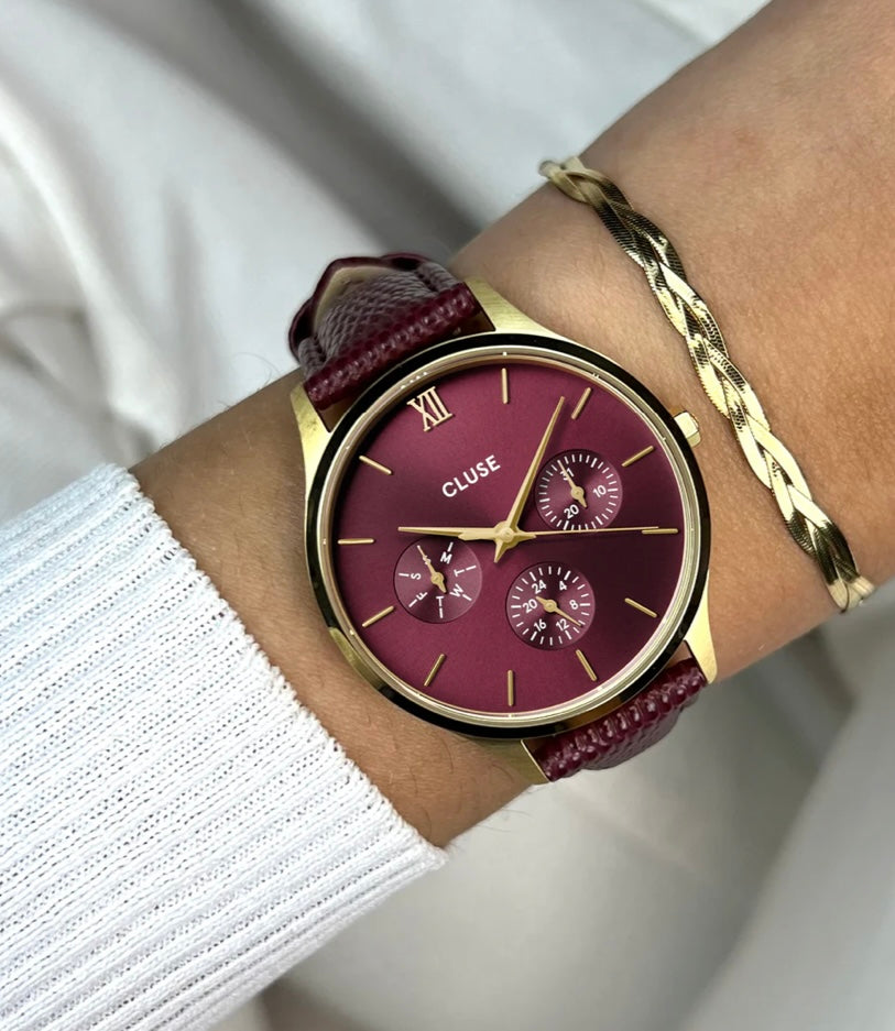 Minuit Multifonction Watch Leather, Dark Cherry Lizard, Gold colour