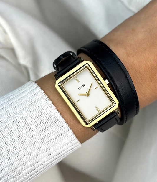 Fluette Watch Double Leather Black, Gold colour