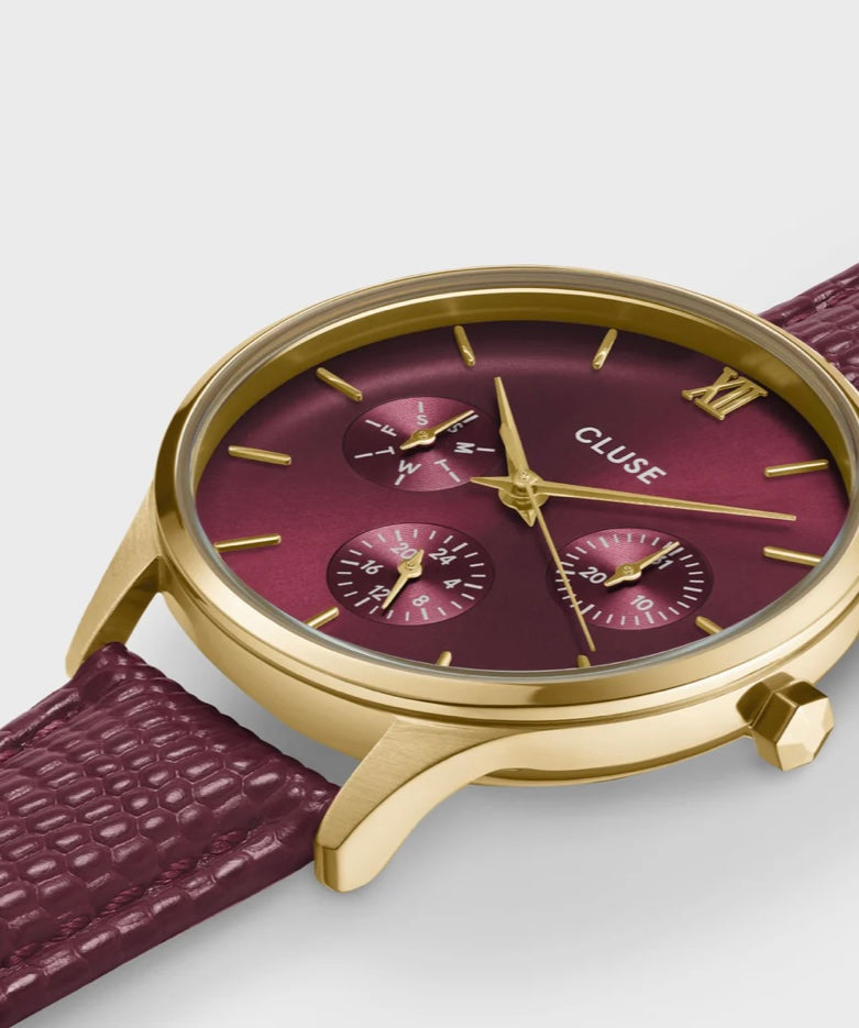 Minuit Multifonction Watch Leather, Dark Cherry Lizard, Gold colour