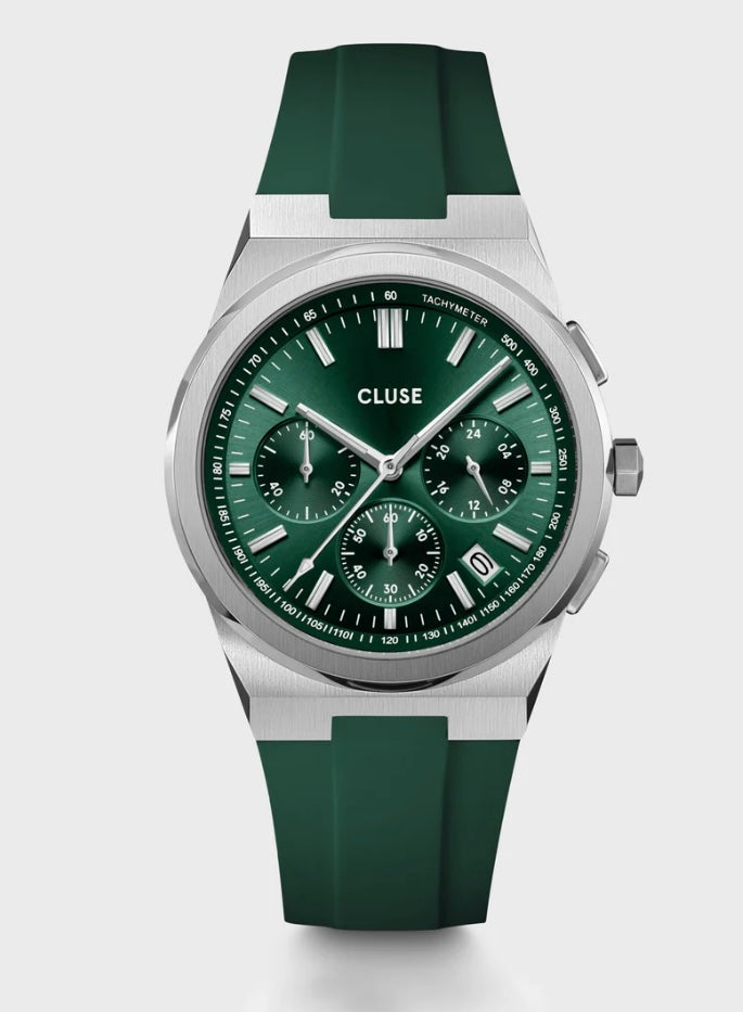 Vigoureux Chrono Watch Silicone Green, Silver colour