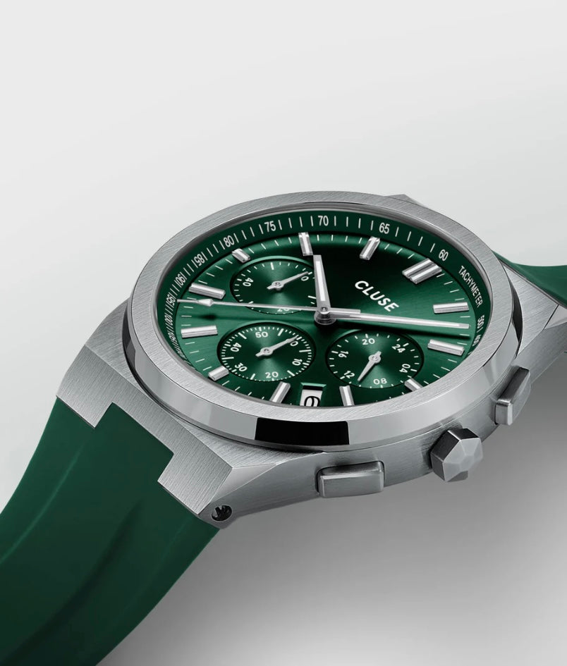 Vigoureux Chrono Watch Silicone Green, Silver colour