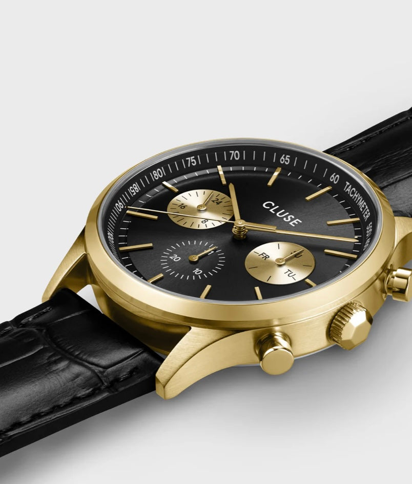 Anthéor Multifonction Watch leather, Black, Gold colour