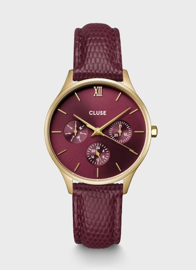 Minuit Multifonction Watch Leather, Dark Cherry Lizard, Gold colour