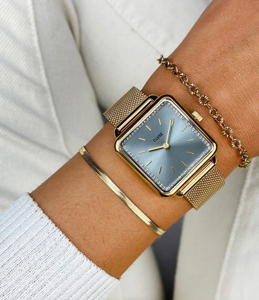 La Tétragone Watch Mesh stones Light Blue, Gold Colour